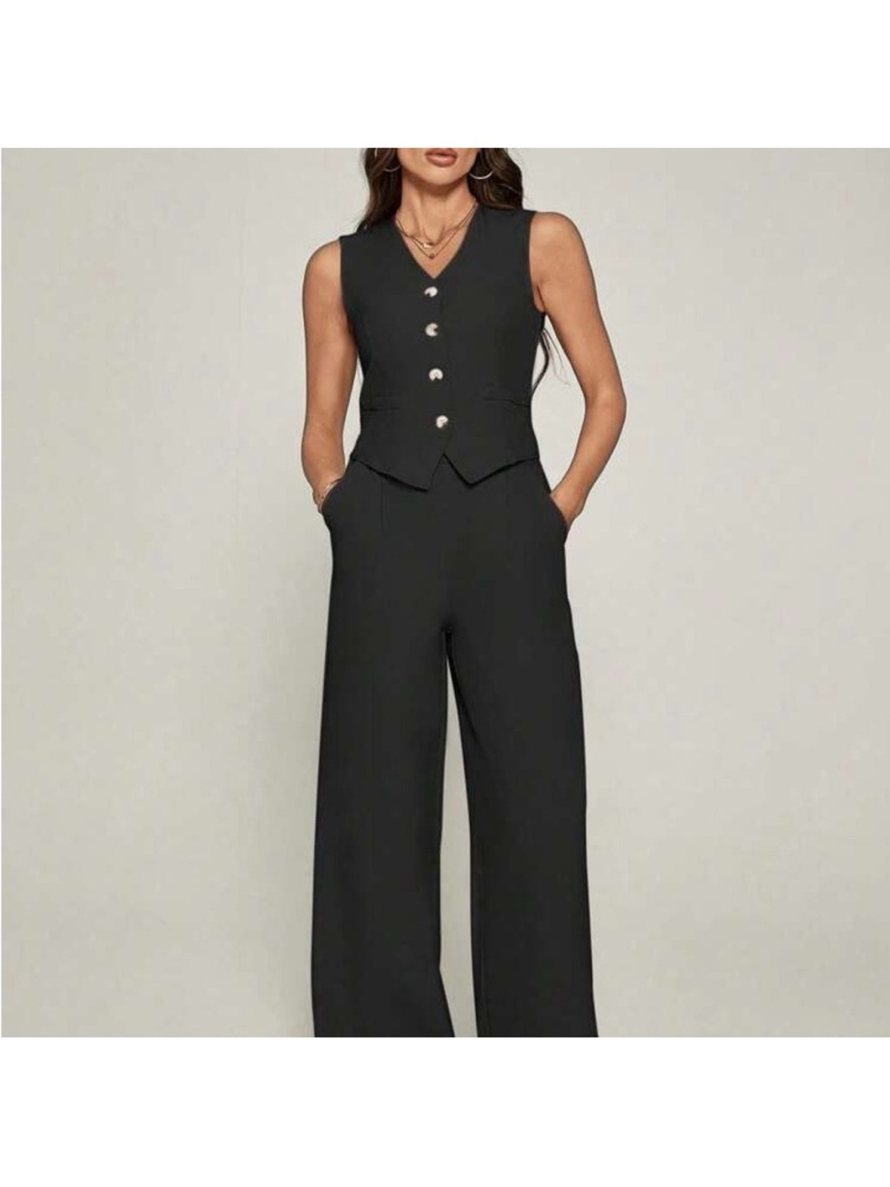 DKNY Black Sleeveless Wide-Leg Jumpsuit with Button Front Vest